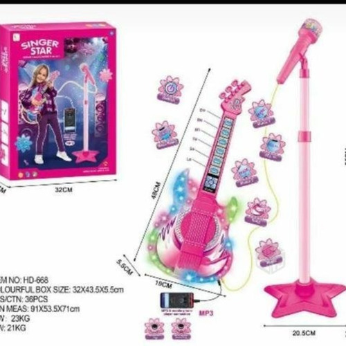 Set Guitarra Microfono Pedestal Juguete Mp3 Luces Rosada