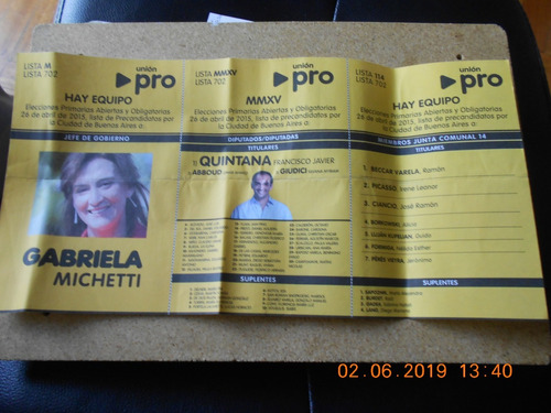 Boleta Electoral - Union Pro - Lista 702- Michetti - 26/4/15