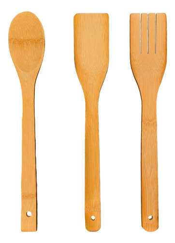 3 Utensilios Madera Bamboo Cocina Cuchara Espatula Tenedor