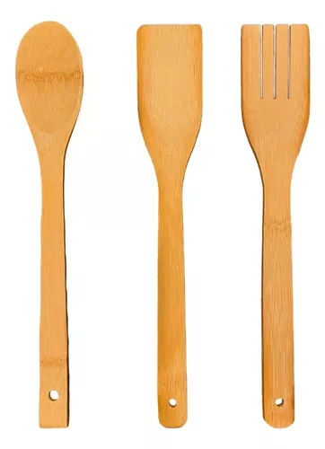 3 Utensilios Madera Bamboo Cocina Cuchara Espatula Tenedor