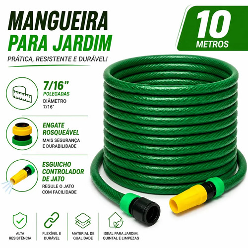 Mangueira De Jardim 10m Metros Com Esguicho Trançada Reforçada Para Irrigação Lavagem poço quintal