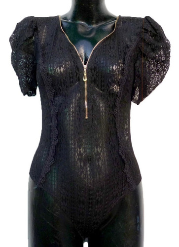 Body De Encaje Mesh Manga Corta Globo Bodysuit Con Cierre