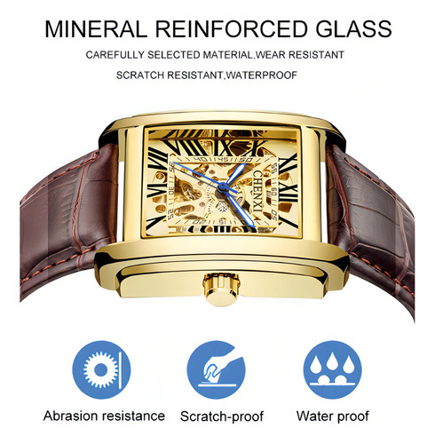 Relógios automáticos quadrados de couro impermeável Chenxi Cor de fundo dourado/verde