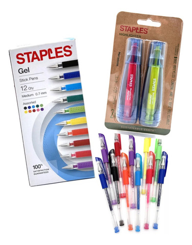 Combo Staples Set 2 Resaltadores + 12 Lapiceras Gel Color