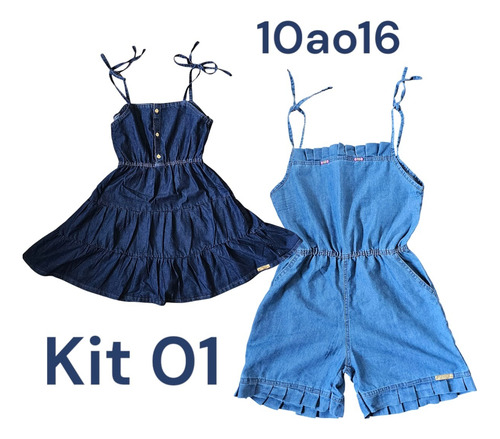 Kit Com 2 Vestido Jeans Feminina Juvenil Macaquinho Menina