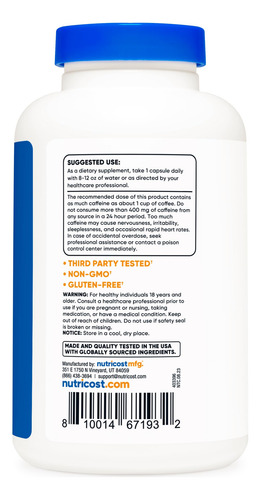 Suplemento De Cafeína Nutricost Com L-teanina 240 Cápsulas