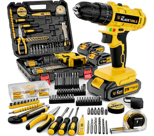 Parafusadeira Furadeira De Impacto The Black Tools Profissional 2 Baterias Com Maleta + Kit Acessórios 134 Peças Tbkit20