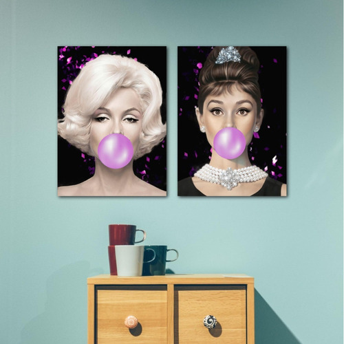 Cuadro Marilyn Monroe Audrey Hepburn Chicle Gum Set 2 45x32