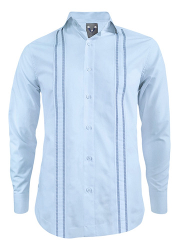 Camisa Guayabera Ocasión Azul Bordada Manga Larga Hombre