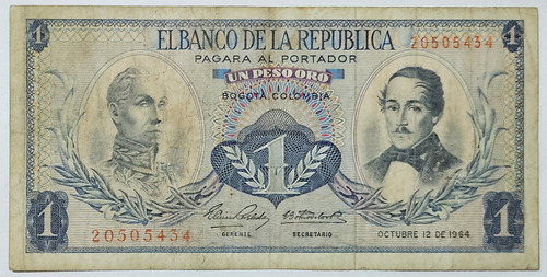 Billete 1 Peso 12/oct/1964 Colombia Vf