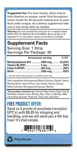 Fuente Esencial Vitamina B12 Tiras Con B6 Y Biotin, 2000 Mcg