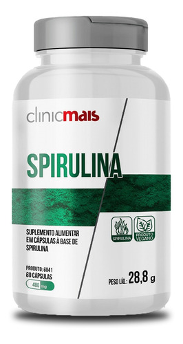 Spirulina Clinic Mais 480mg 60 Cápsulas. Sabor Sem sabor