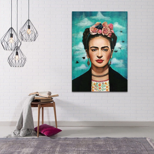 Frida Kahlo Con Aves Turquesa Cuadro Canvas Decorativo