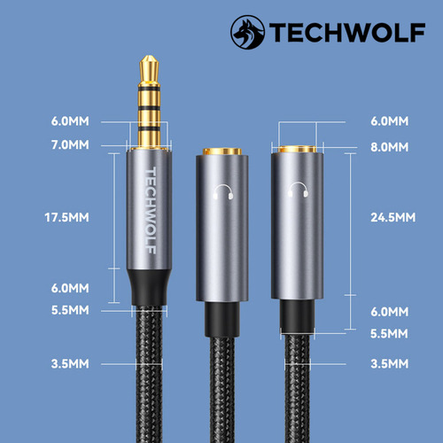 Cable Divisor De Audio De Auxiliar 3.5 Mm Macho A 2x 3.5mm Hembra Para Audífonos, Techwolf Adaptador De Audio Compatible Con Laptop, Celular, Tablet Y Pc 30cm De Longitud Color Gris