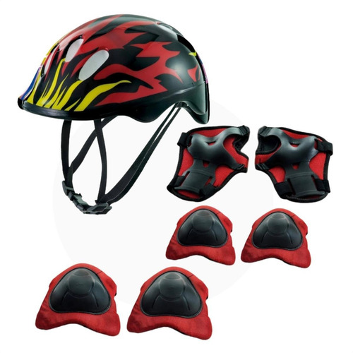 Kit Proteção Juvenil Vermelho Chamas Radical C/ Capacete    