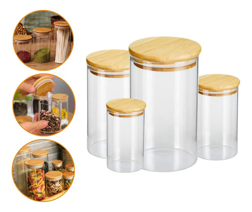 Kit 4 Potes Herméticos Cozinha Vidro Tampa Bambu Mantimentos Cor Bambu E Translúcido