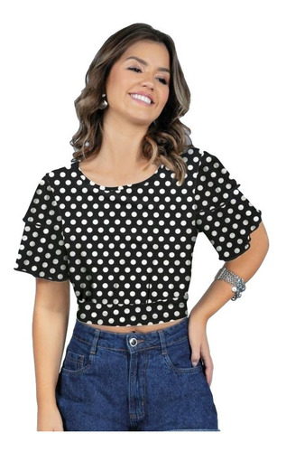 Blusa Feminina Cropped Encurtado Mangas Curtas De Babado