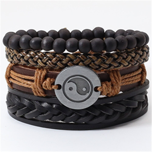 Pulsera Brazalete Manilla Cuero Negro Yin Yang Hombre Mujer