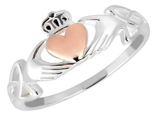 Celtic Claddagh Heart Anillo Oro Rosa Sobre Plata