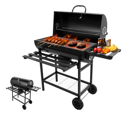 Asador Tipo Barril De Carbón Con Gran Área De Cocción Móvil Color Negro