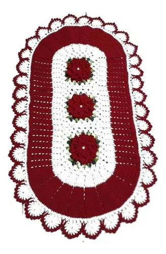 Alfombra ovalada de ganchillo para sala de estar, dormitorio, flores blancas y rojas, 69 x 50