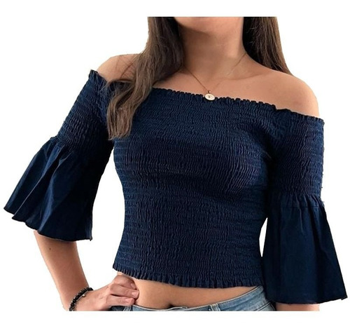 Blusa Mezclilla Ligera Campesina Manga Jeans Casual Ccm