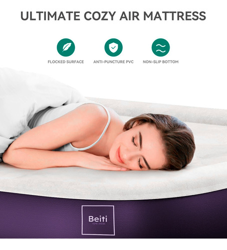 Colchón Cama Inflable Eléctrico 2 Plaza 203x152x47cm Marca Beiti Modelo 203bt Cubierta Superior Afelpada Con Bolso Parches E Inflador Electrico Estructura De Vigas Conicas