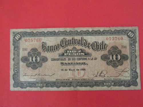 Antiguo Billete Chile 10 Pesos Firmado Tocornal - Burr 1928