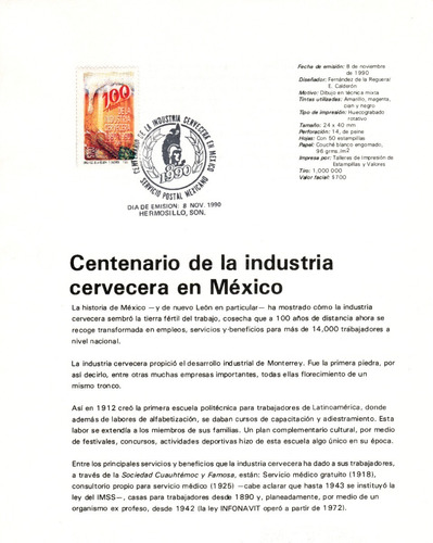  Cerveza Mexicana  Carnet Primer Día 1990 Cuauhtémoc