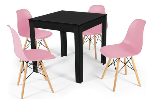 Mesa De Jantar Sofia Preta 80x80cm + 4 Cadeiras Eiffel Cor Rosa