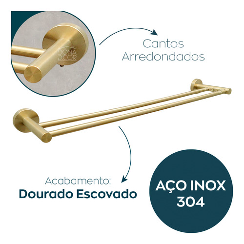 Suporte Duplo Toalha Inox304 Toalheiro Dourado 60cm Banheiro