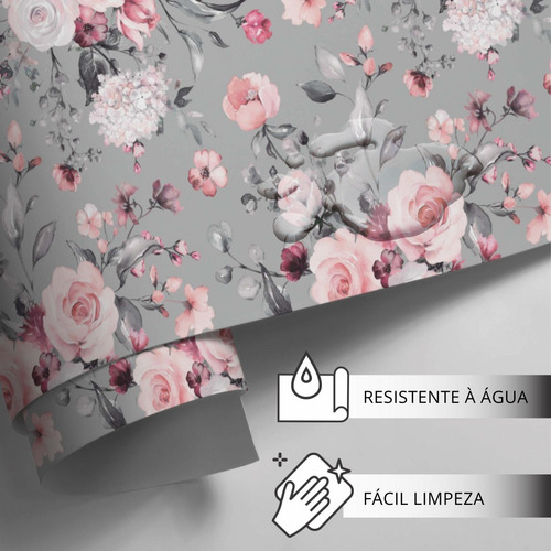 Papel Parede Floral Cinza Flores Lavavel Rolo 5 Mts Adesivo