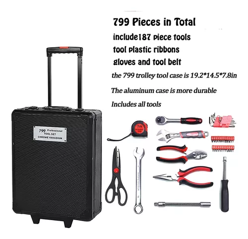 Juego de herramientas de 799 piezas en maleta de aluminio, con cinturón de  herramientas, para la casa (plata)