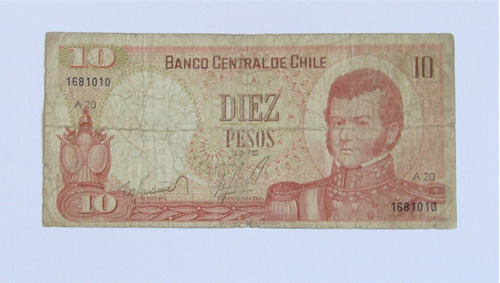 Billete Chile 10 Pesos 1975 Libertador B. O'higgins