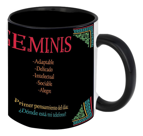 Taza Negra C/ Caja Ceramica 325ml Zodiaco Maya Geminis 1416