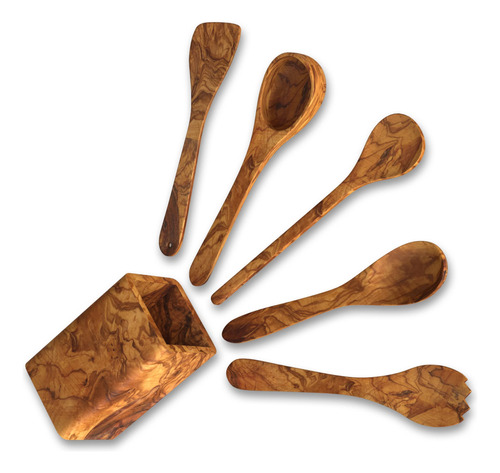 Go 5 Utensilio Cocina Madera Olivo Soporte Juego Cuchara