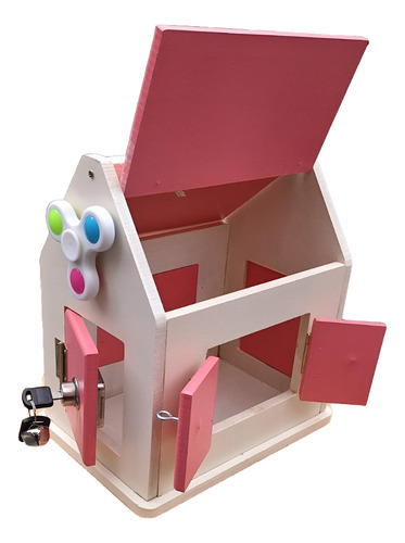 Casita Juguete Niñas. Casita Cerraduras Desafíos Montessori Manteca, Rosa Casita De Desafíos