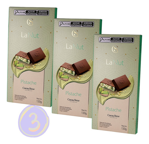 Tablete Lanut Chocolate Pistache Cacau Show 130g-kit 3 Barra