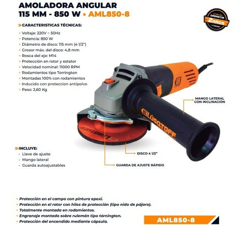 Amoladora Angular Lusqtoff Aml850 115mm 4-1/2 850 Watts