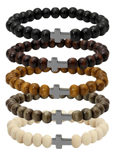 Jaztaku Pulseras De Cuentas De Madera Con Cruz Pulsera Elást