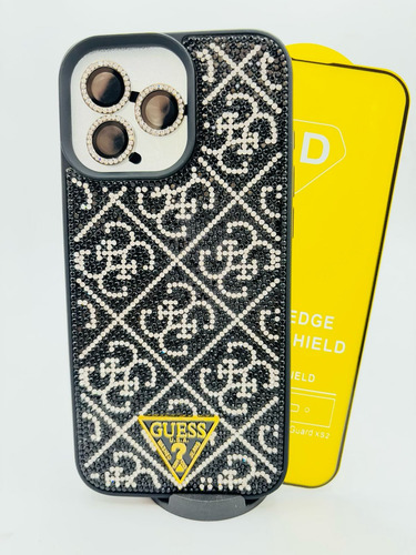 Funda Lujo Brillos + Mica Cristal Para Iphone 16 Pro Negro Lujo