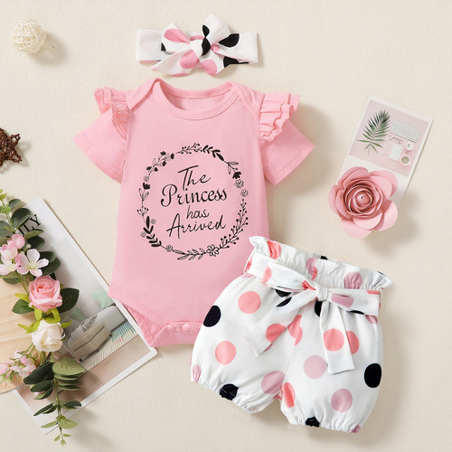 Conjunto Adorable Con Shorts De Lunares Y Diadema Con Moño Rosa 9-12 M