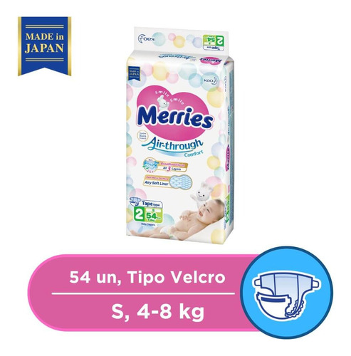 Pañales Desechables Merries Velcro Bebe S  54u (4-8 Kg)