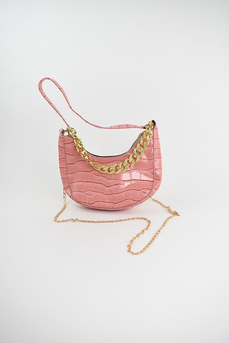 Cartera Croco Charol De Hombro Con Cadenas Doradas Rosa Croco Níquel Rosa