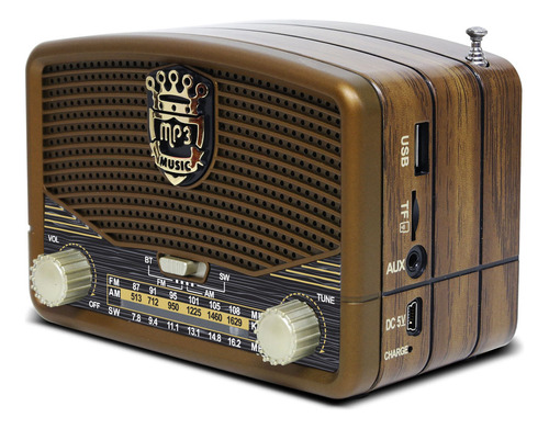 Radio Portátil Bluetooth Vintage Retro Recargable Usb Aux Color Marrón