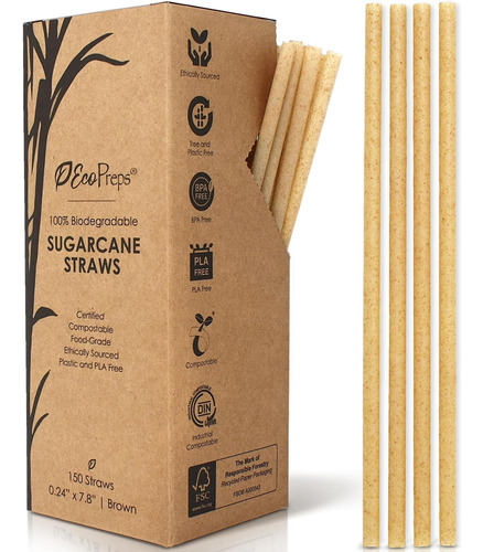Biodegradable Sugarcane Straws | 150 Count, 100% Composta...
