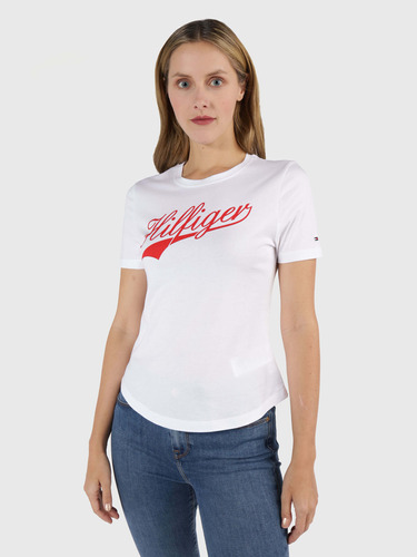 Playera Blanca De Algodón Con Logo Tommy Hilfiger De Mujer