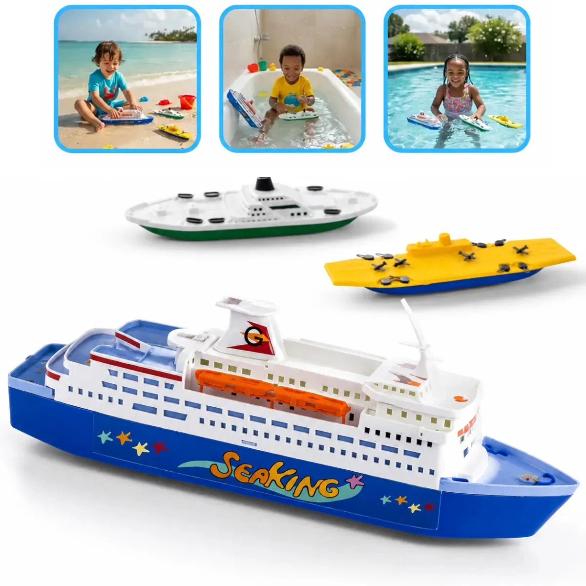 Kit Navio Cruzeiro Transatlântico + 02 Barcos Frota Naval 3 Em 1 Barquinhos Brinquedo Infantil Que Flutua Ideal Para Banho Banheira Piscina Praia Colorido BeesClover