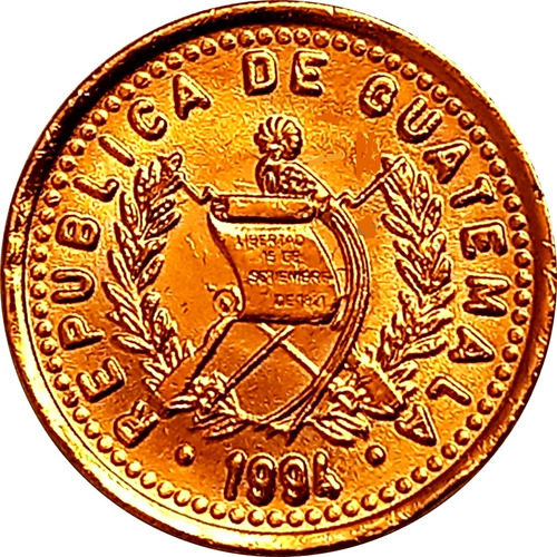 Guatemala Moneda 25 Centavos Del Año 1994 Bañada Con Oro 24k