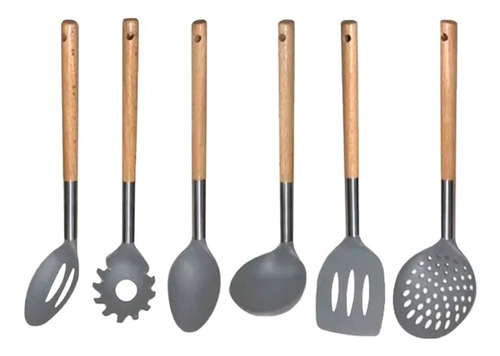 Set 6 Utensilios Nylon Mango Madera Colgar Cocina